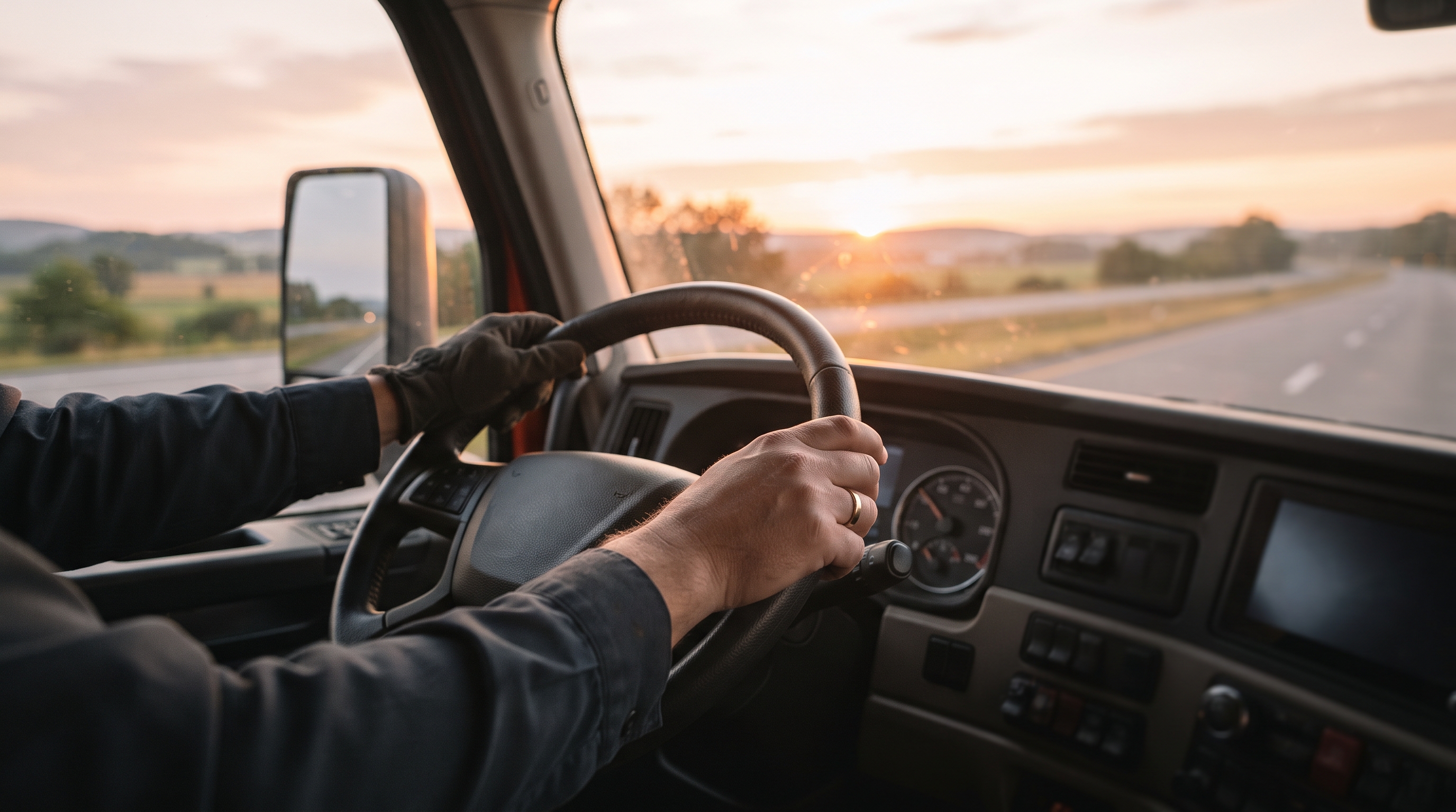 ASA Transport driver behind the wheel of a semi-truck at sunset on the open road